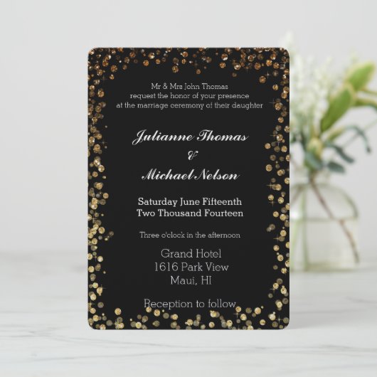 Zwart en Goud Faux Glitter Bokeh Bruiloft Kaart (Staand voorkant)