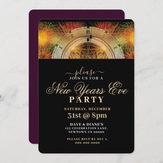 ZWART EN GOUD, FEESTELIJKE KLOK, NIEUWJAARSFEEST KAART (Voorkant / Achterkant)