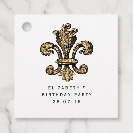 zwart en goud Fleur de Lis Damask Bedankjes Labels (Voorkant)