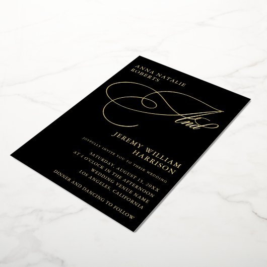 Zwart en Goud Fotoscript en QR Code Bruiloft Folie Uitnodiging (Gedraaid)