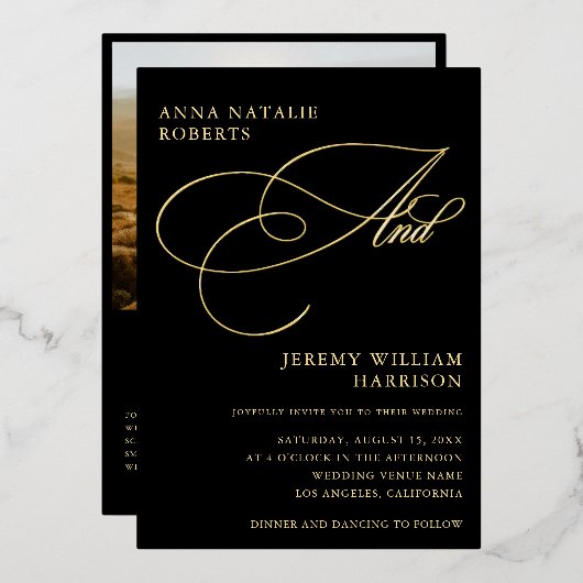 Zwart en Goud Fotoscript en QR Code Bruiloft Folie Uitnodiging (Voorkant / Achterkant)