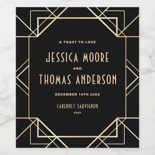Zwart en Goud Gatsby Art Deco Aangepaste bruiloft Wijn Etiket (Enkel label)