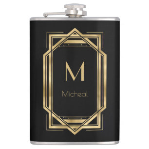 Zwart en goud Geometrisch Monogram & Naam Heupfles