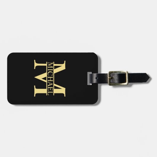Zwart en goud - Gepersonaliseerd Monogram en naam Bagagelabel (Voorkant horizontaal)