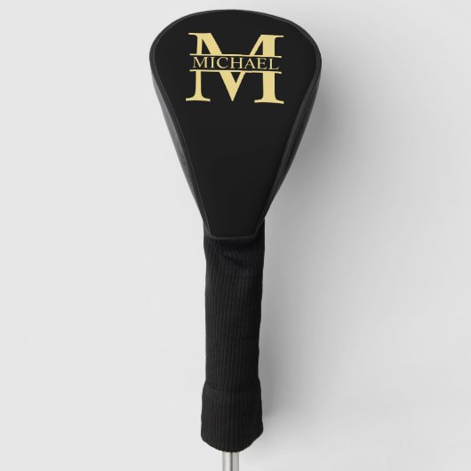 Zwart en goud - Gepersonaliseerd Monogram en naam Golfheadcover (Voorkant)