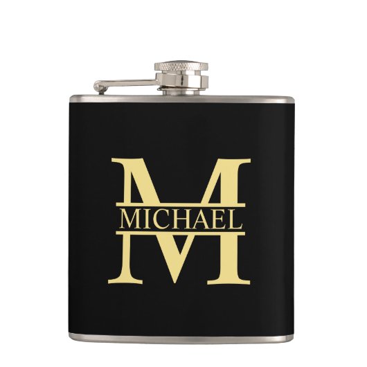 Zwart en goud - Gepersonaliseerd Monogram en naam Heupfles (Voorkant)