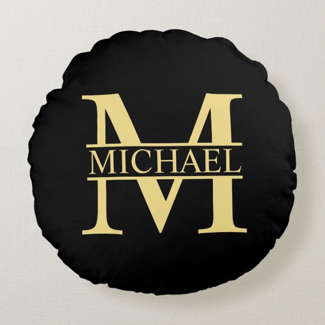 Zwart en goud - Gepersonaliseerd Monogram en naam Rond Kussen (Voorkant)