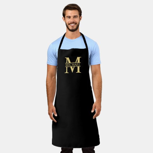 Zwart en goud - Gepersonaliseerd Monogram en naam Schort (Gedragen)