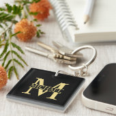 Zwart en goud - Gepersonaliseerd Monogram en naam Sleutelhanger (Voorkant Rechts)