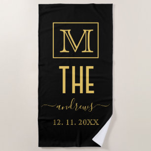 Zwart en goud - Gepersonaliseerd Monogram en naam Strandlaken