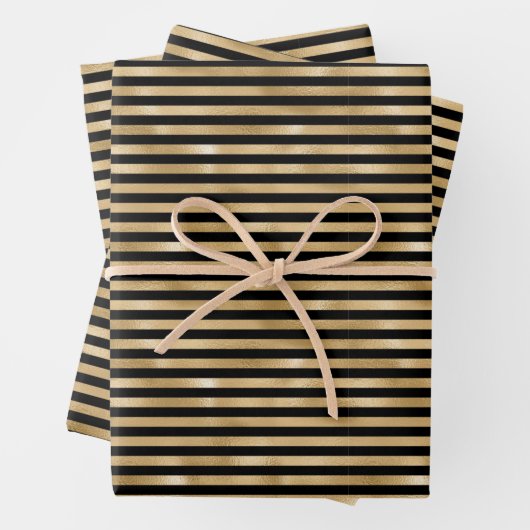 Zwart en goud gestreepte bruiloft verjaardag inpakpapier vel (In situ)