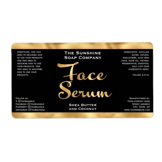 Zwart en Goud Gezicht Serum Fles Label (Voorkant)