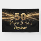Zwart en Goud Glitter 50 Happy Birthday Party Spandoek (Horizontaal)