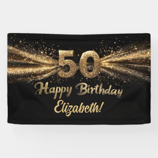 Zwart en Goud Glitter 50 Happy Birthday Party Spandoek (Horizontaal)