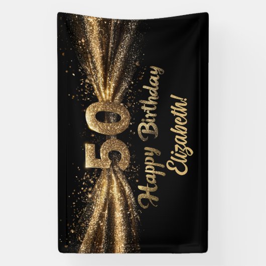 Zwart en Goud Glitter 50 Happy Birthday Party Spandoek (Verticaal)