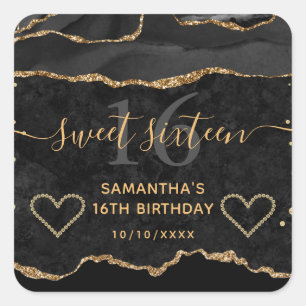 Zwart en Goud Glitter Agate Marmer Sweet 16 Vierkante Sticker
