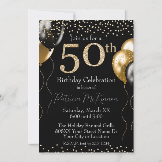 Zwart en Goud Glitter Ballonnen 50e Verjaardag Kaart (Voorkant)
