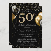 Zwart en Goud Glitter Ballonnen 50e Verjaardag Kaart (Voorkant / Achterkant)