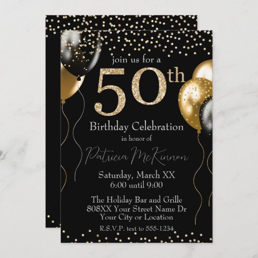 Zwart en Goud Glitter Ballonnen 50e Verjaardag Kaart (Voorkant / Achterkant)