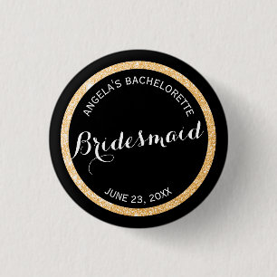 Zwart en Goud Glitter Bruidsmeisje Bachelorette Ronde Button 3,2 Cm