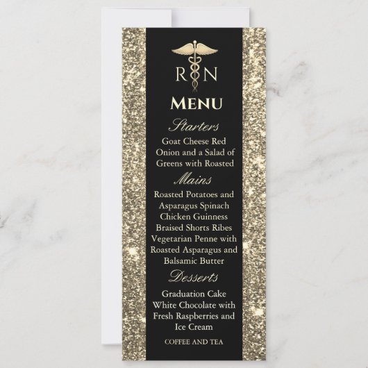 Zwart en Goud Glitter Medisch Afstuderen Menu Kaart (Voorkant)