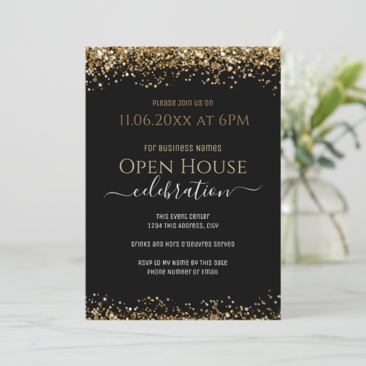 Zwart en Goud Glitter Open House Business Kaart (Staand voorkant)