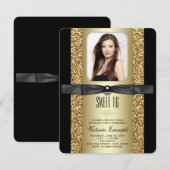 Zwart en Goud Glitter Sweet 16 Party Kaart (Voorkant / Achterkant)