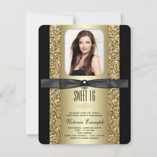 Zwart en Goud Glitter Sweet 16 Party Kaart (Voorkant)