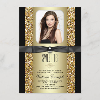 Zwart en goud glitters feest Sweet 16-feestje Kaart