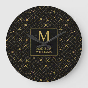 Zwart en goud glitters luxe geometrisch patroon grote klok