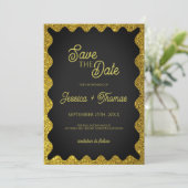 Zwart en Goud Glitters Wavy Retro Save the Date Kaart (Staand voorkant)