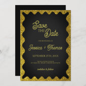 Zwart en Goud Glitters Wavy Retro Save the Date Kaart (Voorkant / Achterkant)