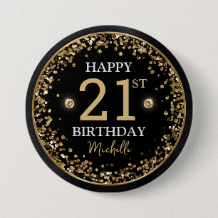 Zwart en goud glitterserpentine verjaardag ronde button 7,6 cm