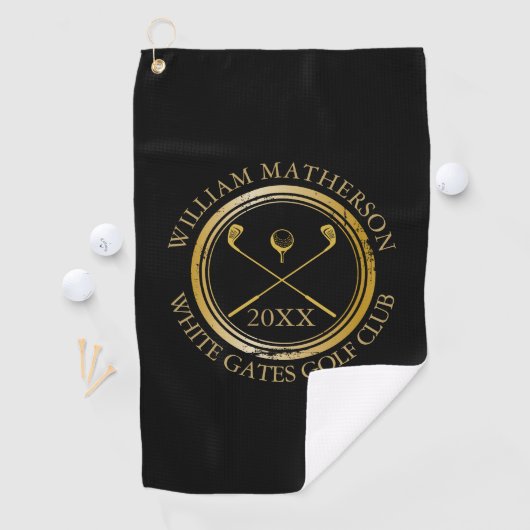 Zwart en Goud Golfer En Club Naam Datum Golfhanddoek (Insitu)