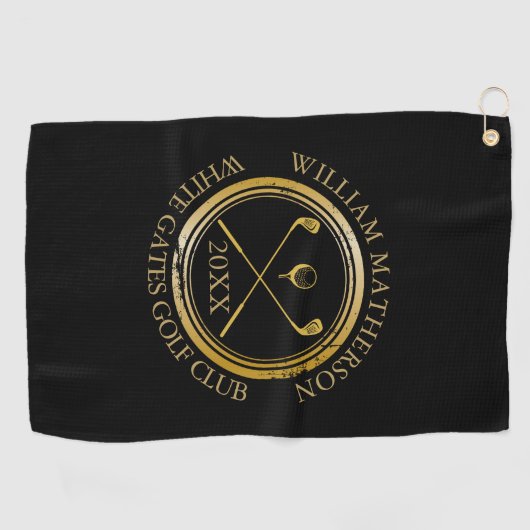 Zwart en Goud Golfer En Club Naam Datum Golfhanddoek (Horizontaal)