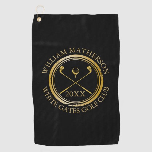 Zwart en Goud Golfer En Club Naam Datum Golfhanddoek (Voorkant)