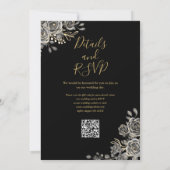 Zwart en Goud Gotische Bloemen QR Code Bruiloft Kaart (Achterkant)