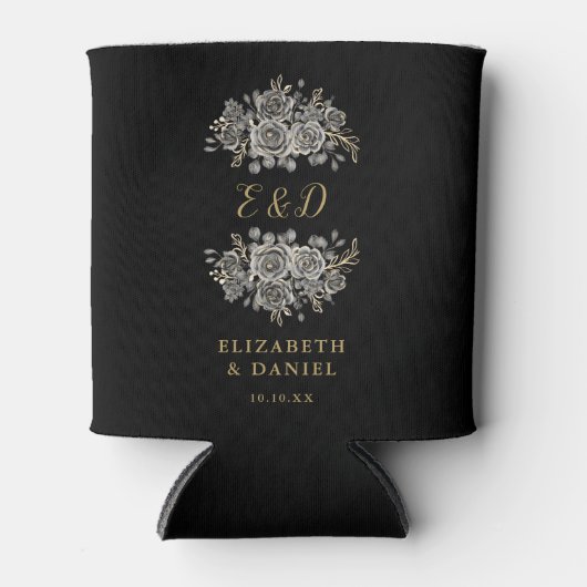 Zwart en goud gotische bloemenmonogram bruiloft blikjeskoeler (Voorkant)