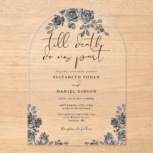 Zwart en Goud Gotische Rozen Bloemboogbruiloft Acryl Uitnodigingen (Voorkant)