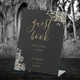 Zwart en Goud Gotische Rozen Bloemen Gastenboek Reclamebord Met Voetstuk