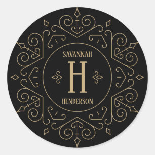 Zwart en Goud Gotische Swirls Monogram Ronde Sticker