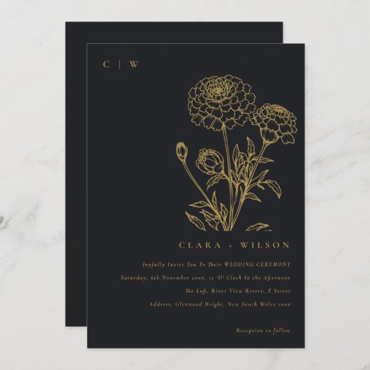 Zwart en goud goudsbloem bloemenschets bruiloft kaart (Voorkant / Achterkant)