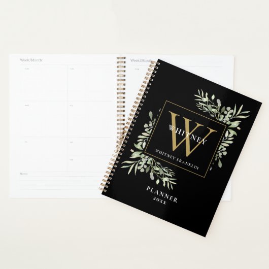 Zwart en goud groen blad monogram naam 2023 planner (Display)