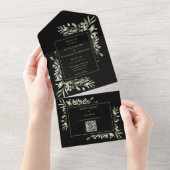 Zwart en goud groen bloemmotief QR-code trouwfeest All In One Uitnodiging (Afscheurbaar)