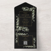 Zwart en goud groen bloemmotief QR-code trouwfeest All In One Uitnodiging (Binnen)