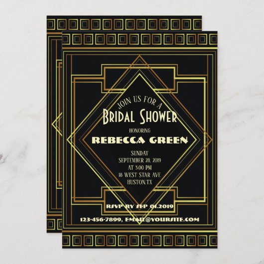 Zwart en Goud  Grote Gatsby vrijgezellenfeest Kaart (Voorkant / Achterkant)