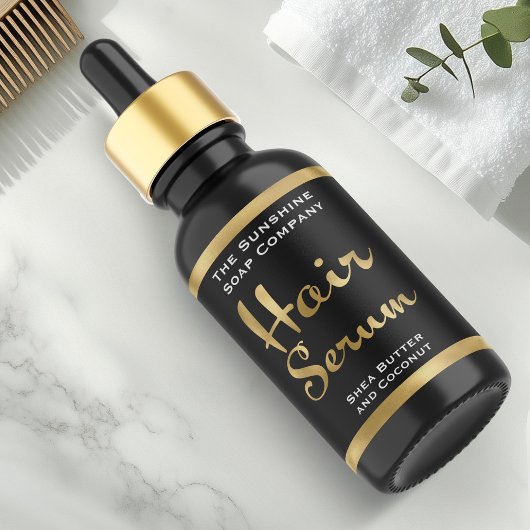 Zwart en Goud Haar Serum Fles Label