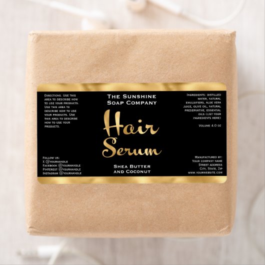 Zwart en Goud Haar Serum Fles Label (Insitu)