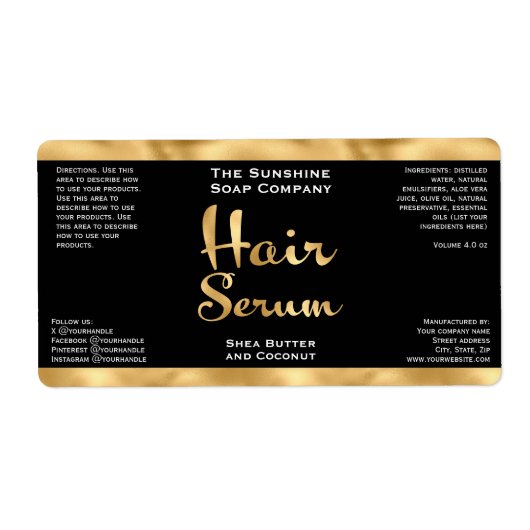 Zwart en Goud Haar Serum Fles Label (Voorkant)