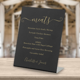Zwart en goud handtekening schrift menu reclamebord met voetstuk